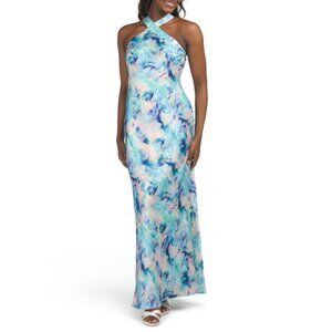 AIDAN BY ADRIANNA PAPELL Blue Multi Sleeveless Floral Halter Gown